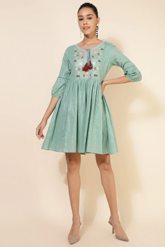 Emerald Embroidered Gathered Dress