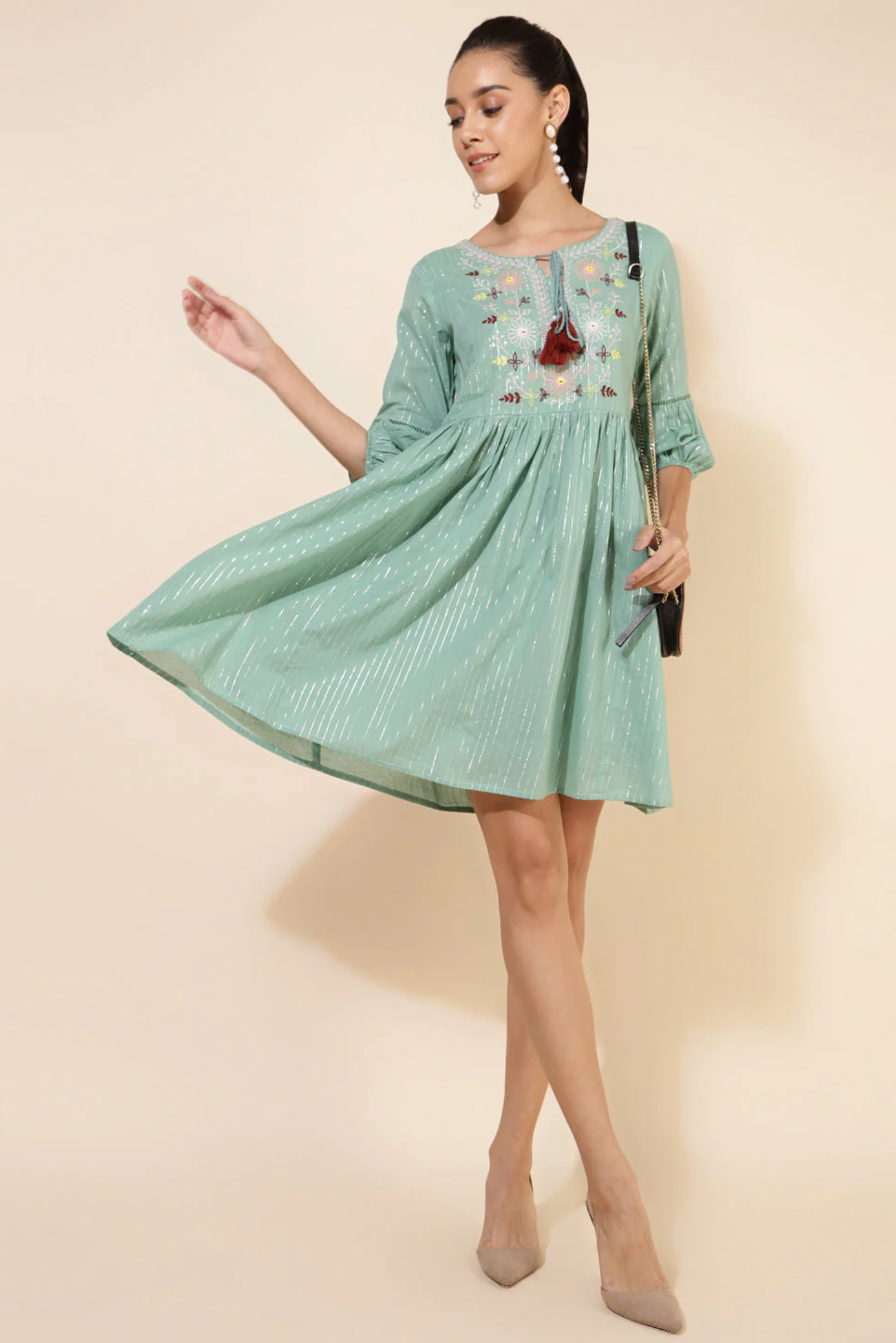 Emerald Embroidered Gathered Dress