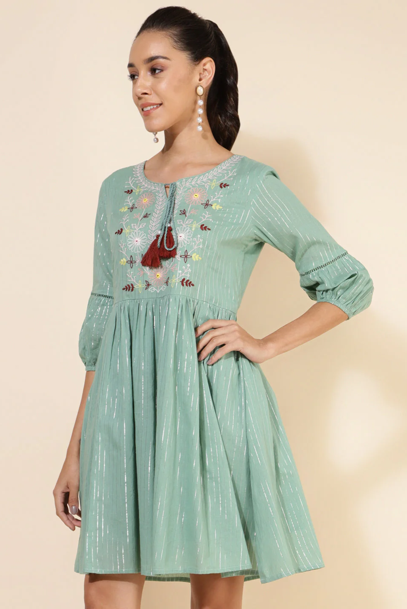 Emerald Embroidered Gathered Dress