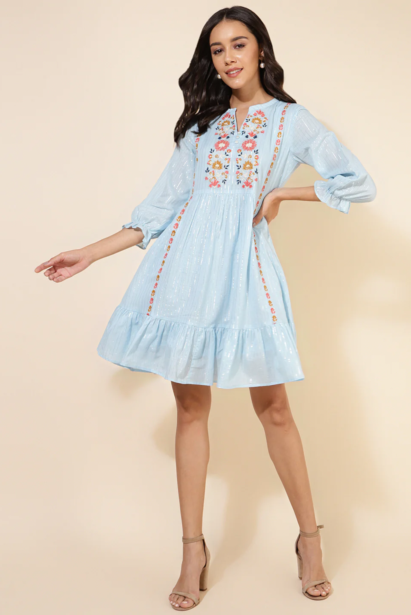 Celestial Blue Embroidery Flare Dress