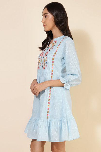 Celestial Blue Embroidery Flare Dress