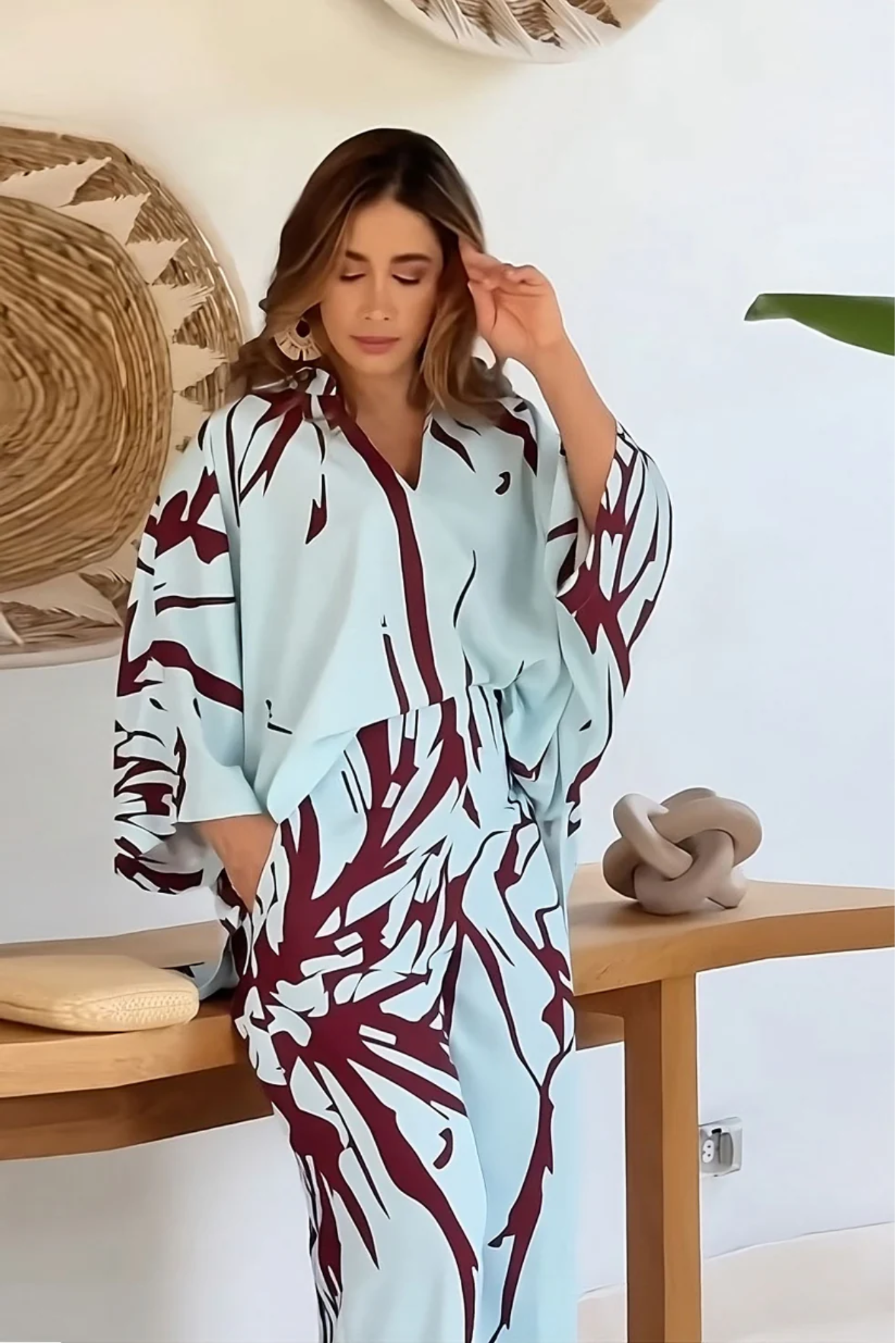 Maroon Splash Kaftan Co-Ord Set