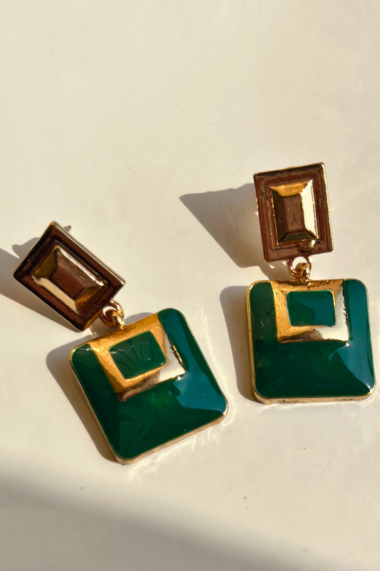 Green Geometric Square Earring