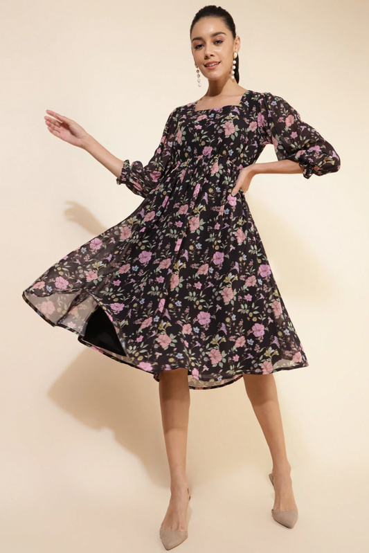 Midnight Blossom Flare Dress